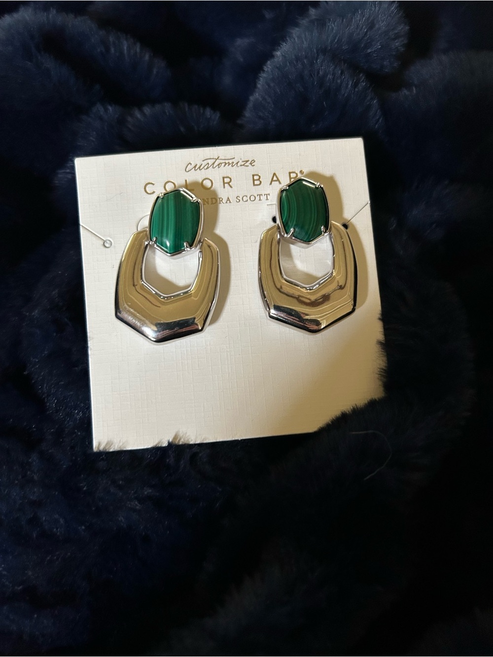 Kendra Scott Silver Earrings with green malachite stone.